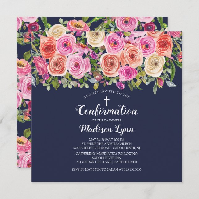 Modern Navy Pink Floral Confirmation Invitation (Front/Back)