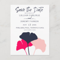Modern Navy, Pink Ginkgo Leaves Save the Date, STD