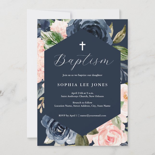 Modern Navy Pink Peach Florals Baptism  Invitation (Front)