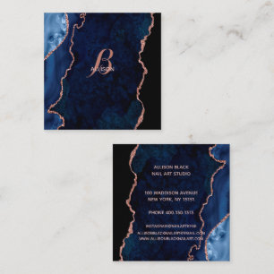 Modern Navy Rose Gold Agate Monogram Square Business Card
