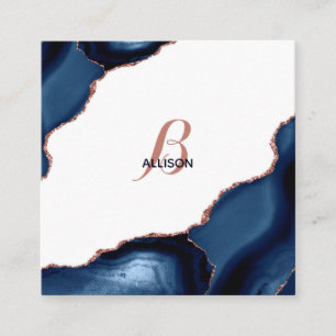 Modern Navy Rose Gold Agate Monogram Square Business Card