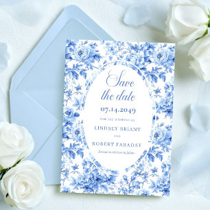 Modern Navy Roses Toile Save the Date Wedding Card
