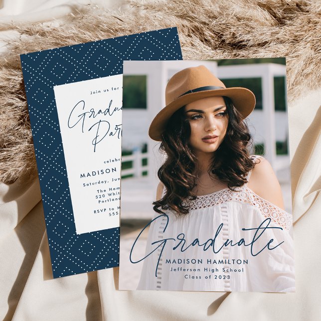 Modern Navy Script Photo Graduation Party Invitation (Creator Uploaded)