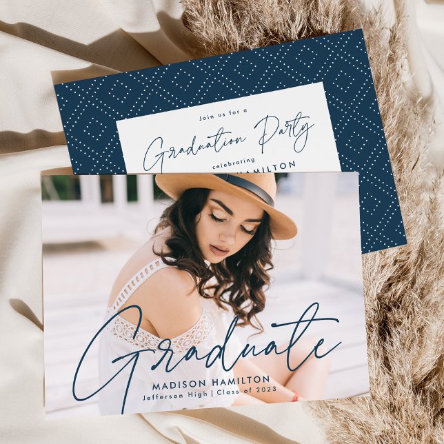 Modern Navy Script Photo Graduation Party Invitation (Creator Uploaded)
