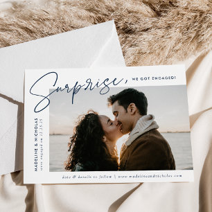 Modern Navy Script Surprise Photo Engagement Announcement