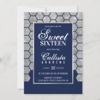 Modern Navy Silver Glitter Hexagon Geo Sweet 16
