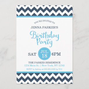 Modern Navy Sky Blue Chevron Birthday Party Invitation