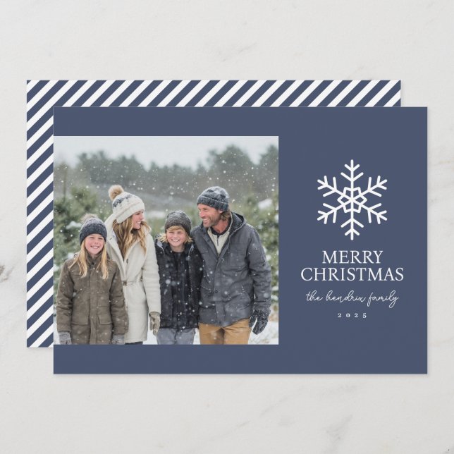 Modern Navy Snowflake Christmas Photo Holiday Card (Front/Back)