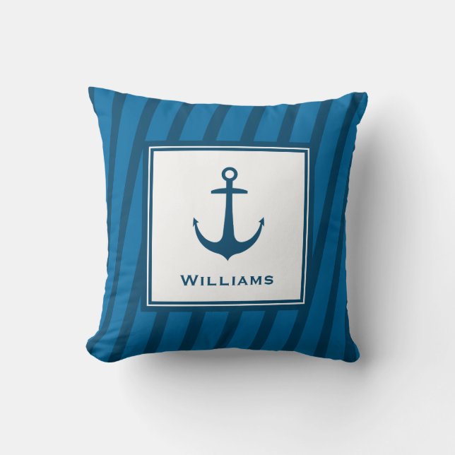 Modern Navy Striped Nautical Last Name Anchor Cushion (Front)