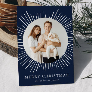 Modern Navy Sunburst Merry Christmas 2 Photo Holiday Card