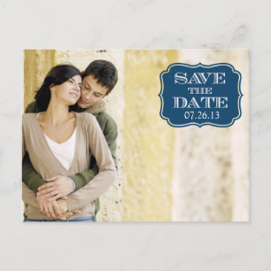 Modern Navy Swirl Label Save the Date Photo Card