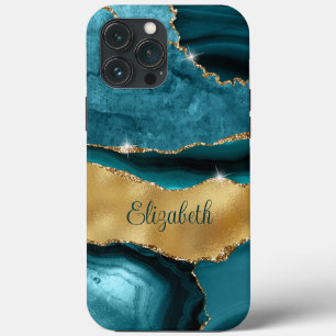 Modern Navy Teal and Gold Agate Monogram iPhone 13 Pro Max Case