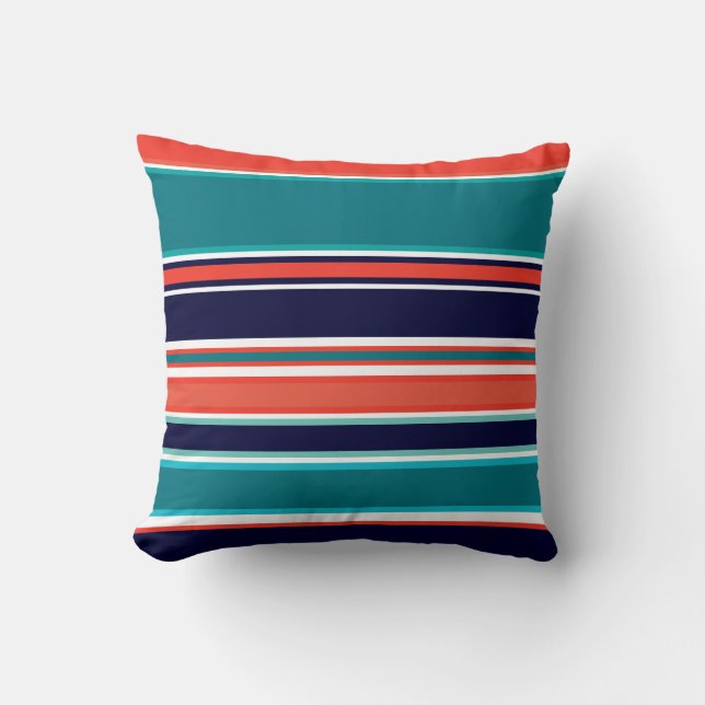 Modern Navy Teal Coral Navy Stripes Beach Cushion (Front)
