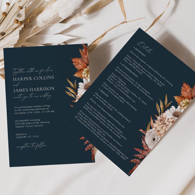 Modern Navy Terracotta Flowers Boho Fall Wedding Invitation (Creator Uploaded)