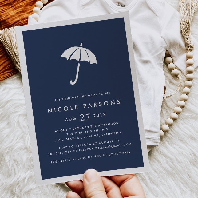 Modern Navy Umbrella Baby Shower Invitation (Creator Uploaded)