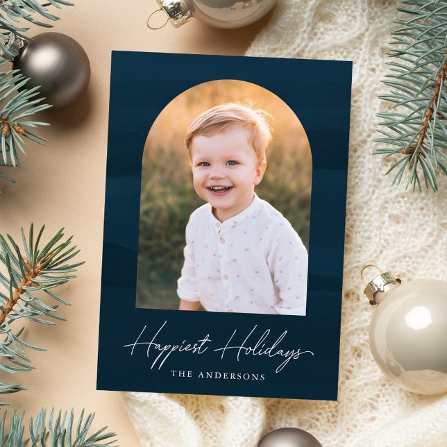 Modern Navy Watercolor Arch Photo Holiday Card (Creator Uploaded)