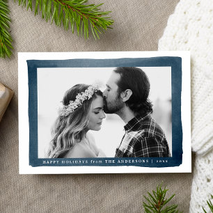 Modern Navy Watercolor Frame Photo Holiday Card