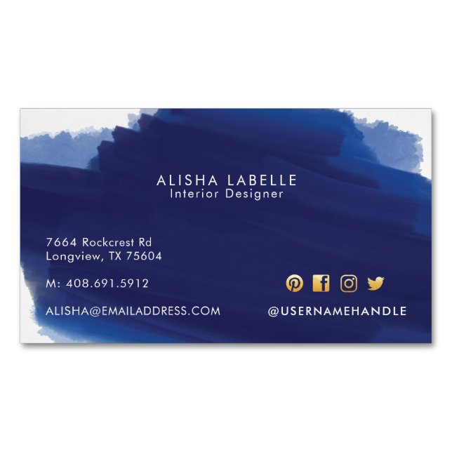 Modern Navy Watercolor Wash Brush Stroke Magnetic Business Card (Front)