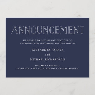 Modern Navy Wedding Cancellation Announcement