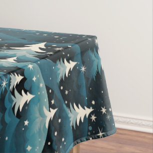 Modern Navy White Christmas Trees Dark Night Tablecloth