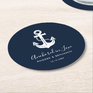 Modern Navy & White Custom Name Anchor Wedding Round Paper Coaster