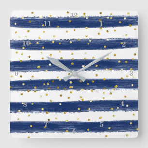 Modern Navy, White, Gold Stripes, Confetti Clock