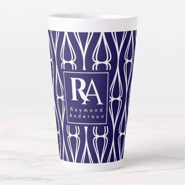 Modern Navy White Pattern Monogram Latte Mug (Front)