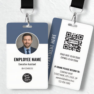Modern Navy White Photo ID Employee QR Code ID Badge