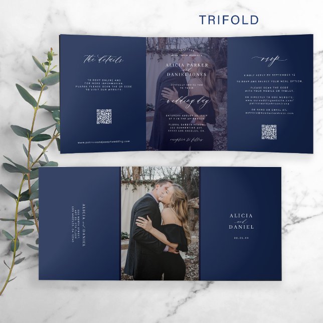 Modern navy white photo minimalist wedding QR RSVP Tri-Fold Invitation (Creator Uploaded)