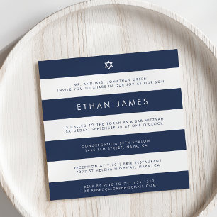Modern Navy & White Stripe Bar Mitzvah Invitation