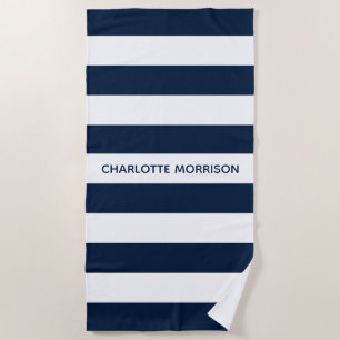 Modern navy white stripes custom name monogram beach towel