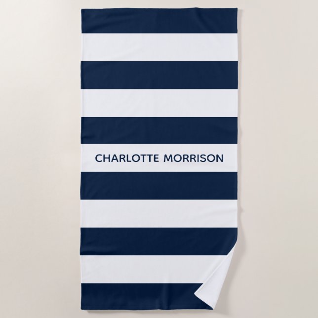 Modern navy white stripes custom name monogram beach towel (Front)