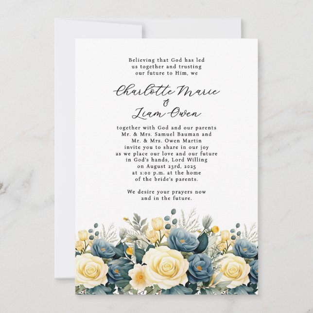 Modern Navy Yellow Floral Watercolor Wedding Invitation (Front)