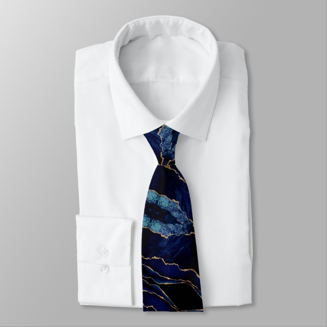 Modern Neck Tie Agate Navy Blue Gold Marble (Tied)
