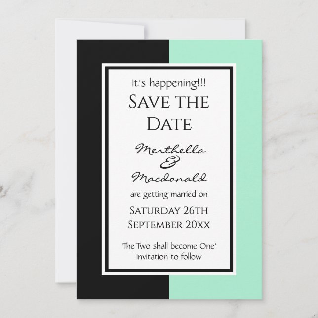 Modern NEO MINT BLACK Personalised IT'S HAPPENING! Save The Date (Front)