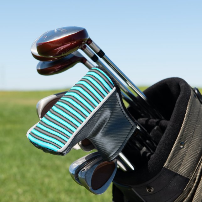 Modern Neon Blue and Black 3D Metal Effect Stripes Golf Head Cover (In Situ)
