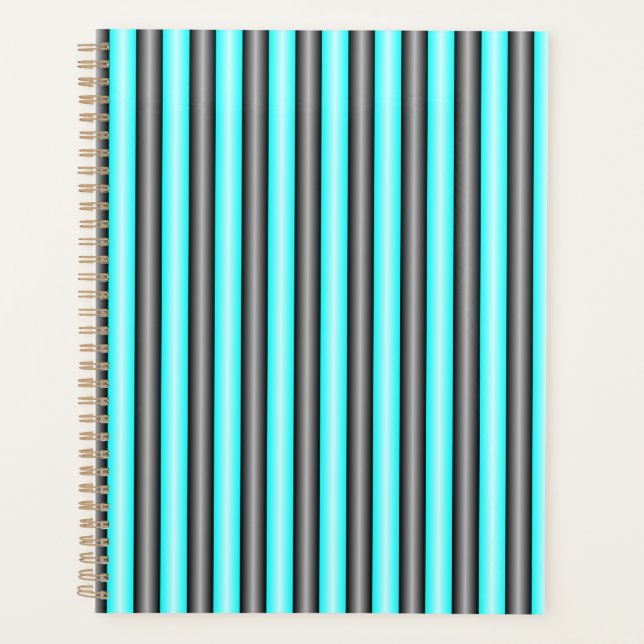 Modern Neon Blue and Black 3D Metal Effect Stripes Planner (Front)