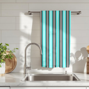 Modern Neon Blue and Black 3D Metal Effect Stripes Tea Towel