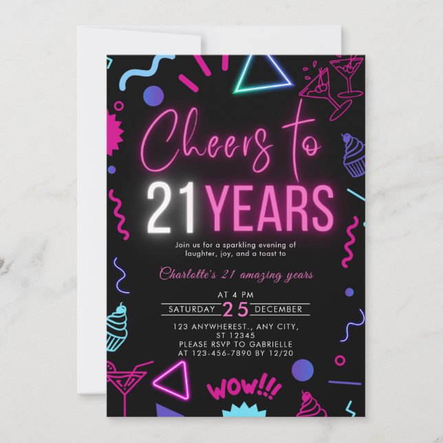 Modern Neon Cheers to 21 Years 21st Birthday Pst Invitation (Front)