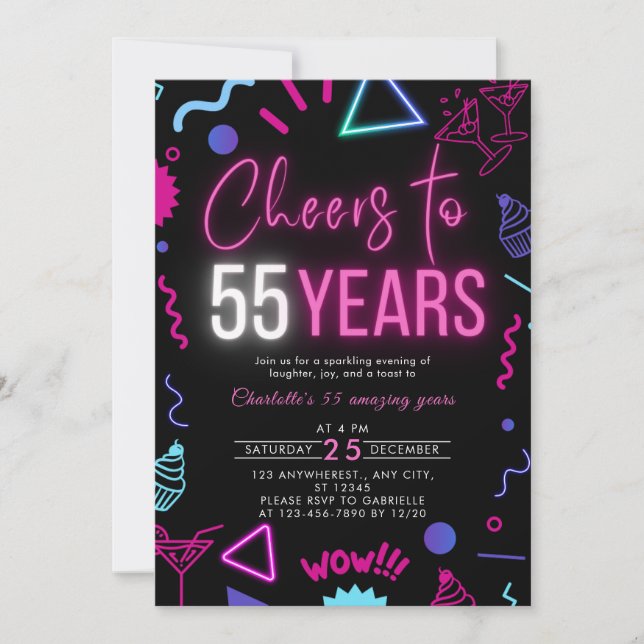 Modern Neon Cheers to 55 Years 55th Birthday Party Invitation (Front)