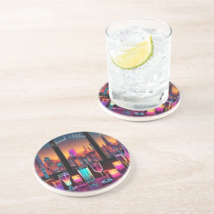 Modern Neon City Bar Round Stone Coaster