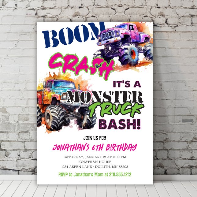 Modern Neon Colours Monster Truck Birthday Invitation (Creator Uploaded)