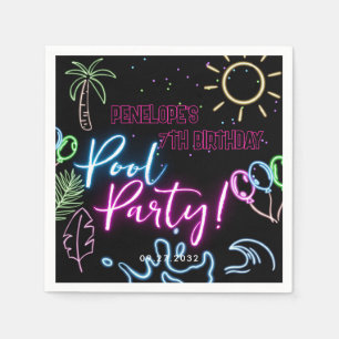 Modern Neon Glow Black Pool Party Birthday Napkin