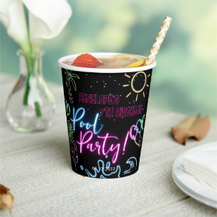 Modern Neon Glow Black Pool Party Birthday Paper Cups