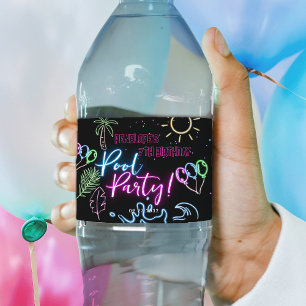 Modern Neon Glow Black Pool Party Birthday Water Bottle Label