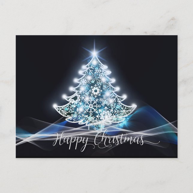 Modern Neon Glow Black White Blue Christmas Tree Postcard (Front)