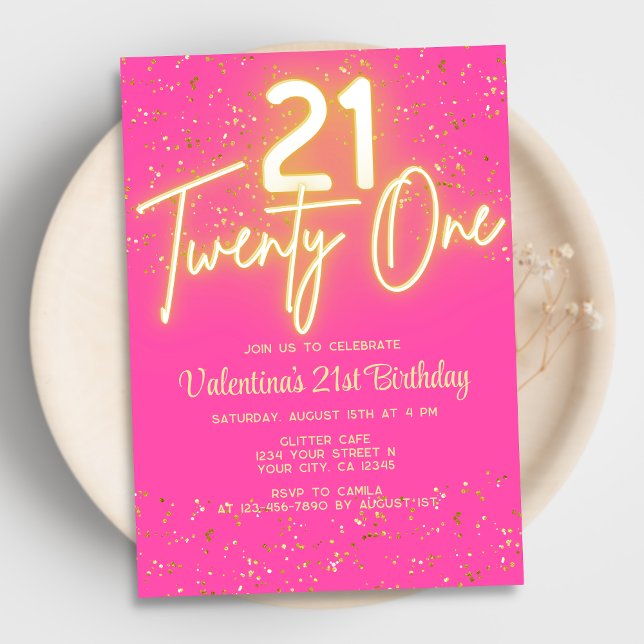Modern Neon Glow Hot Pink Gold Glitter 21 Birthday Invitation (Creator Uploaded)