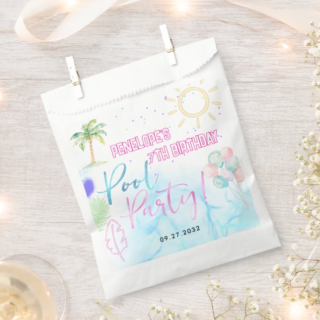 Modern Neon Glow Watercolor Pool Party Birthday Favour Bags (Clipped)