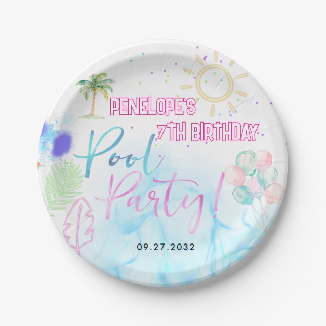Modern Neon Glow Watercolor Pool Party Birthday Paper Plate (Front)