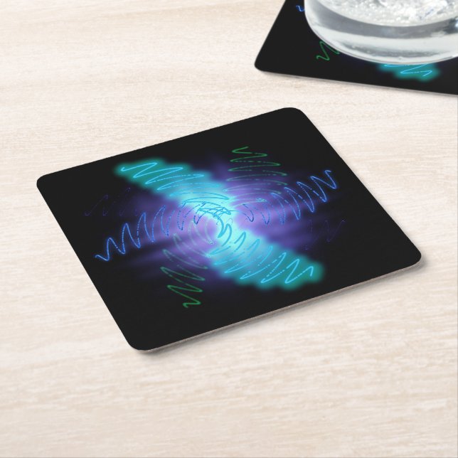 Modern Neon Glowing Sound Waves Square Paper Coaster (Angled)